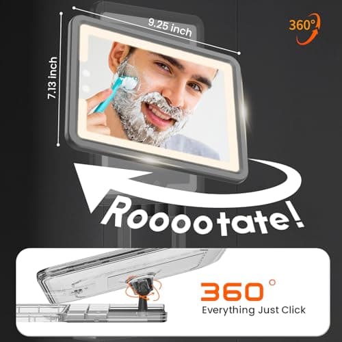DeLanges LED Shower Mirror Fogless for Shaving - Heated Fog Free, 3 Dimmable Lights, 360° Adjustable, Rechargeable, Drill Free - with Storage Tray, Razor & Shaving Brush Holders,Gifts for Men - Thumbnail 6