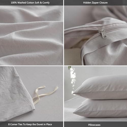 MooMee California King Duvet Cover Set, 100% Washed Cotton Linen Like Twill Thick Sturdy Material Super Soft Breathable Durable Bedding for All Season, 3 Pieces (Light Gray, Cal King 104"x98") - Thumbnail 3