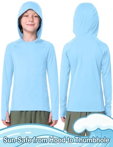 RIKUAOU Boys Hooded Rash Guard Fishing Shirt, UPF 50+ Kids Long Sleeve Sun Hoodie, Youth UV Protection Beach Swim Shirts Light Blue - Thumbnail 3