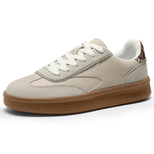 Vilanva Women's Fashion Sneakers Casual Tennis Shoes with Genuine Suede Classic Retro Gum Sole Walking Trendy Footwear Beige Multi - Image 1