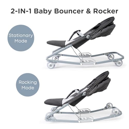HKAI Rocking Baby Bouncer with Canopy, 2-Mode Rocking & Rolling Infant Seat, Portable Baby Chair for 0-18 Months, Grey - Thumbnail 3