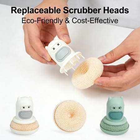 Dish Brush with Soap Dispenser, Cute Monster Ergonomic Non-Slip Handle, Replaceable Non-Scratch Scrubber Head, Built-in Drip Tray, Multi-Purpose Food-Safe Kitchen Cleaning Tool, 11cm/4.33in Tall, - Thumbnail 6