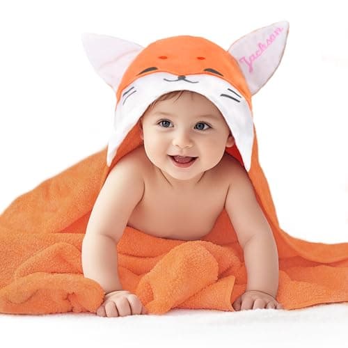 Individz Custom Hooded Bath Towel with Name, Personalized Absorbent Bunny Baby Towels, Soft Shower Towels for Girls Boys, Easter Brithday Gifts for Baby, Toddler, Newborn, Kids (Orange-Fox) - Image 1