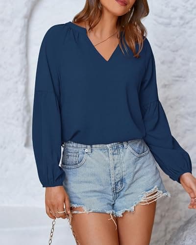 BTFBM Blouses for Women Dressy Casual Floral Summer Boho Tops V Neck Lightweight Long Sleeve Shirts Spring Clothes 2026(Blue, X-Large) - Thumbnail 2