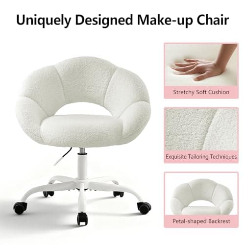 SDXYSTCE Vanity Chair Petal-Shaped Criss Cross Chair with Wheels,Upholstered Tall Office Chair with Back for Girls Women,Mid-Back Swivel Accent Chairs for Living Room Bedroom (White) - Thumbnail 4