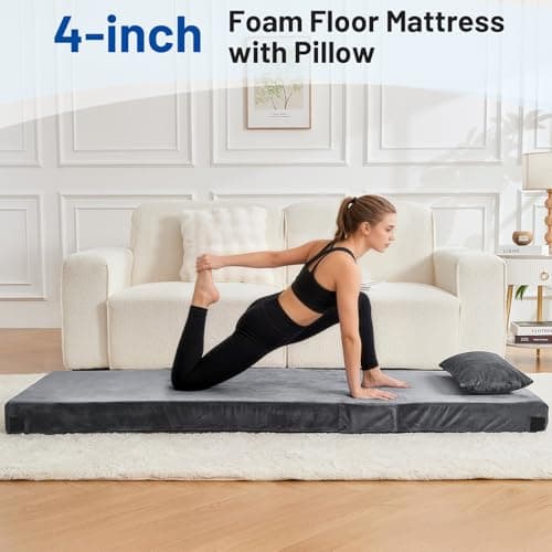 Easthome Memory Foam Camping Mattress Pad with Pillow - Extra Thick 4 Inch Sleeping Pad for Camping, Waterproof Roll Up Cot Mattress Topper Bed Mat for Car Truck Tent RV, with Travel Bag, Dark Gray - Thumbnail 2