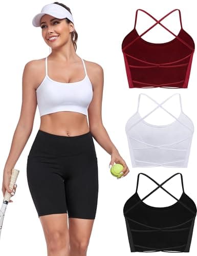 Lusait Sports Bras for Women Medium Support Thin Straps Sexy Criss-Cross Yoga Bra Gym Crop Top for Workout Black+White+Red L - Image 1