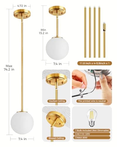 Majade Globe Pendant Lights Kitchen Island Mid Century Modern Pendant Light Fixtures 7.4 Inch Gold Ceiling Lighting with Milk Glass Shade Adjustable Brushed Brass Hanging Light for Dining Room - Thumbnail 3