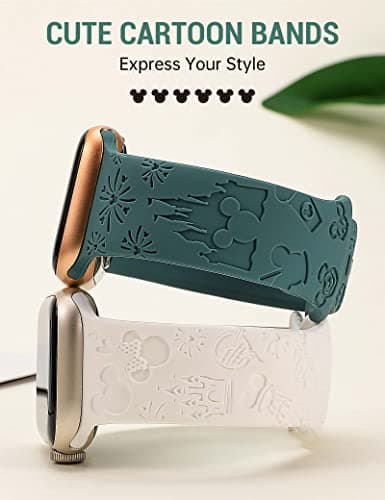 Girovo 2 Packs Cartoon Engraved Bands Compatible with Apple Watch Bands 49/46/45/44/42mm Women, Cute Designer Soft Silicone Strap for iWatch Series 11 10 9 8 7 6 5 4 3 SE/Ultra 3 2 1, White/Green - Thumbnail 2