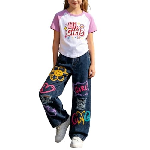 Zylvae Girls 2 Piece Outfit Set - Short Sleeve Color Block Tee & Denim Wide Leg Pants, American Style Letter Print, Soft Cotton Top, Cute Casual Jeans for Girls 9-10 Years - Image 1