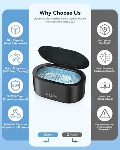 JeaTone Ultrasonic Jewelry Cleaner, 46KHz Professional Ultrasonic Cleaning Machine for Rings, Eyeglasses, Retainers, Dentures & Watches, 20oz Stainless Steel Sonic Cleaner Pod (Black) - Thumbnail 2
