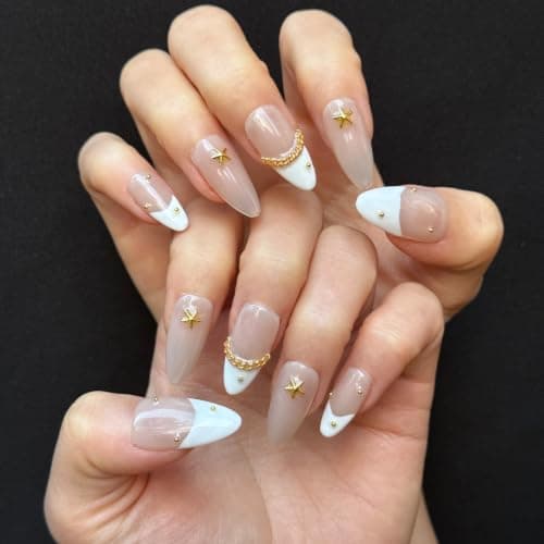Handmade Press On Nails Medium Almond Shape - 3D Gold Metallic Embellished White French Manicure False Nails ， Minimalist Design | Salon Quality Reusable Fake Nails(10PCS-M) - Thumbnail 3
