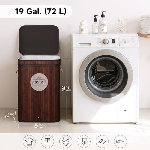 StorageWorks Laundry Hamper with Lid, Foldable Bamboo Laundry Basket, Clothes Hamper with Handles, Organizer and Storage for Laundry Room, Bedroom, Dorm, Brown - Thumbnail 5