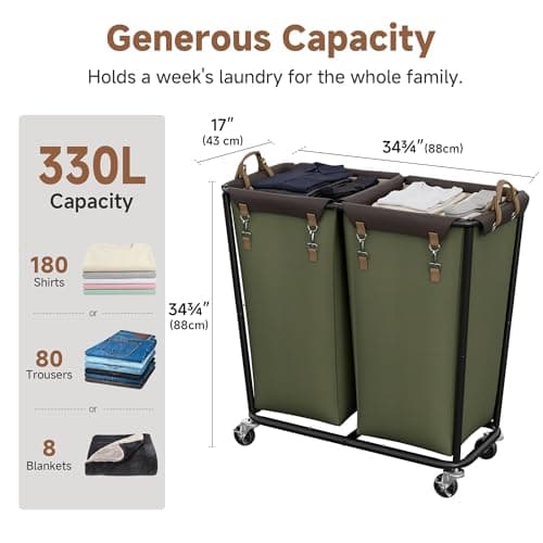 StorageWorks 390L Extra Large Laundry Hamper with Wheels, 2 Sections Laundry Basket with Wheels, Clothes Sorter Cart with Divider for Hotel, Home, Green, 1-Pack - Thumbnail 2