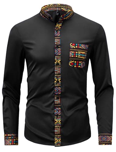 ZAFUL Men's African Patchwork Design Slim Fit 2025 Long Sleeve Button Down Mandarin Collar Shirts (Black Tribal Graphic L) - Image 1