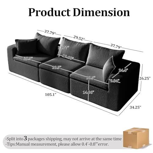 105" Modular Sectional Sofa, Cloud Boneless Couch with Layered Cushion,3 Seaters Flexible Module Sofa Convertible L Shaped Couches Combination for Living Room and Office(Black, 105" 3 Seaters) - Thumbnail 2