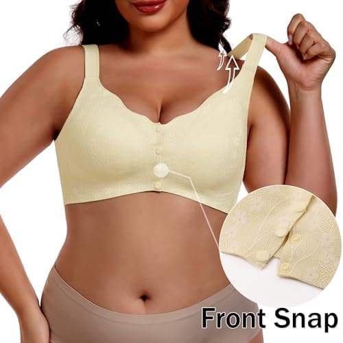 IWOLLENCE Women's Front Closure Bras No Underwire Seamless Wireless Lace Bralettes Seniors Full Coverage Anti Saggy Breast Tshirt Everyday Daisy Bra Beige, L - Thumbnail 2