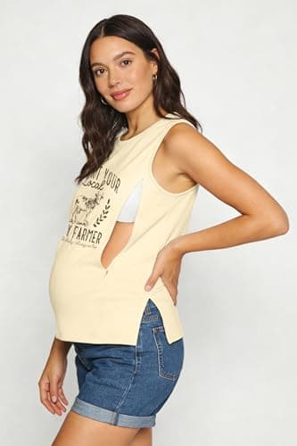 MYHALF Nursing Tank Tops Women Friendly Zip Sleeveless Breastfeeding Shirts Mama's Dairy Farm Print Maternity Clothes Apricot - Thumbnail 3