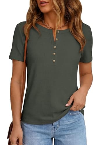 PRETTYGARDEN Waffle Knit Tops for Women Short Sleeve Henley Shirts 2026 Summer Blouses Dressy Casual Spring Fashion Clothes (Army Green,Large) - Thumbnail 3