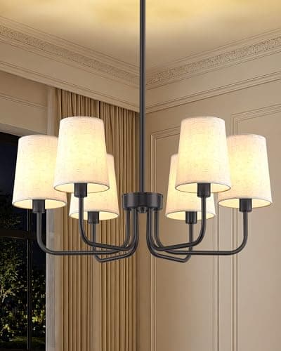 Yunnix 6 Light Black Chandelier with Linen Shades, No Assembly Required Modern Dining Room Light Fixture, 25" UL Certified Farmhouse Chandeliers for Living Room Kitchen Island Bedroom Entryway Foyer