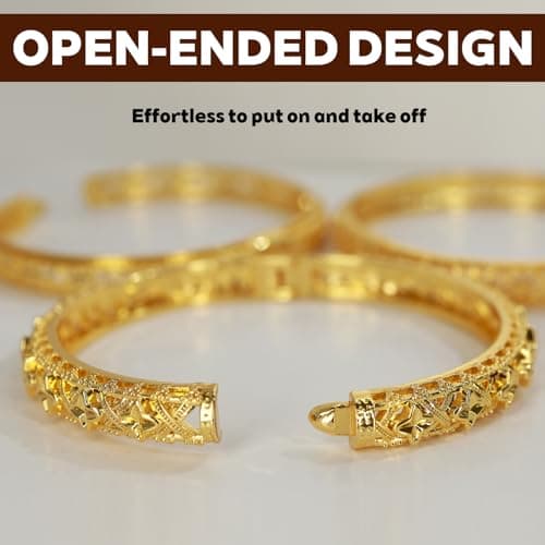 FIVESWEET 18K Gold Plated Women's Bangle Bracelet Set - Stackable Bulk Bracelets with Hollow Diamond, 3D Starburst and Glittering Lattice Designs, Minimalist Stylish Elegant, Tarnish & Oxidation Resistant, Gift for Her Girlfriend Wife Mom Sister Lover on Birthday Christmas Valentine's Day Mother's Day (002, 3) - Thumbnail 3