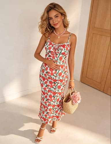 Yissang Maternity Dress Floral Print Spaghetti Strap Ruched Mermaid Maxi Dress for Baby Shower Casual Daily Wear - Thumbnail 3