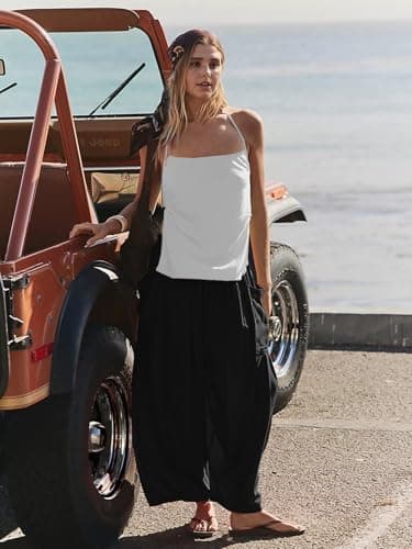 COCOMARTS Womens Linen Wide Leg Palazzo Pants Casual Loose Elastic Drawstring Flowy Pant 2025 Fall Travel Baggy Harem Pants with Pocket Black X-Small - Thumbnail 5