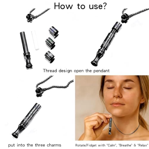 Fidget Necklace with Spinning Calm, Breathe, Relax Charms - Sensory Anxiety Relief & Deep Breathing Aid Stainless Steel Necklaces for Women Men (Black) - Thumbnail 5