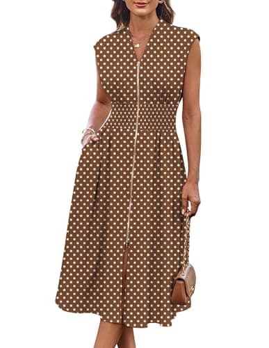GRACE KARIN Business Casual Dresses for Women 2026 Summer Flowy Boho Vacation Sundress Brown Polka Dot 2XL - Image 1
