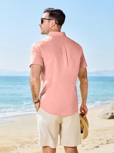 JEMLDL Men's Guayabera Cuban Shirt Cotton Linen Short Sleeve Embroidered Casual Summer Beach Vacation Shirts Flamingo Pink 3XL - Thumbnail 2