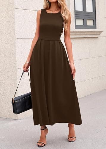 Lazysmile Summer Sleeveless Maxi Dresses for Women Mock Neck Pleated A Line Formal Cocktail Wedding Guest Dress Brown - Thumbnail 3