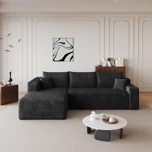 96" Boneless Small Couch for Small Space, L-Shaped Modular Sectional Sofa, Corduroy Deep Seat Cloud Couch, No Assembly, Perfect for Apartment (Black, Left Facing Chaise) - Image 1