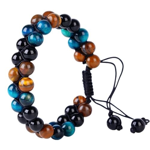 PAKUNDAS Handmade Triple Protection Bracelet,Bracelets for Men Natural Tiger Eye Jewelry Stone Hematite and Blue Stone Hematite 8mm Crystal Bracelet - Adjustable Size with Premium Gift-Box - Thumbnail 3