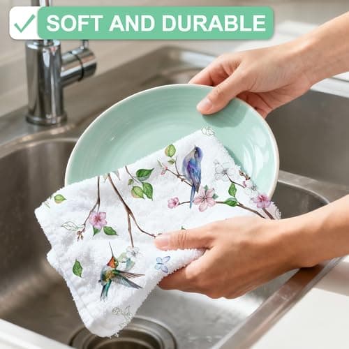cusugbaso Lamb Easter Kitchen Towels Set of 2 Dish Towels for Kitchen,18x26 Inch Green Buffalo Plaid Easter Decor Sheep Spring Decoration (Floral Bird) - Thumbnail 5