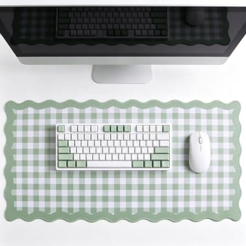 yuboo 31"×15.7" Scalloped Green White Gingham Washable Pastel Desk Mat Vintage Rustic Cottagecore Aesthetic Desk Pad Desktop Keyboard Mouse Mat Office Decor Cubicle Work Green White Gaming Mouse Pad