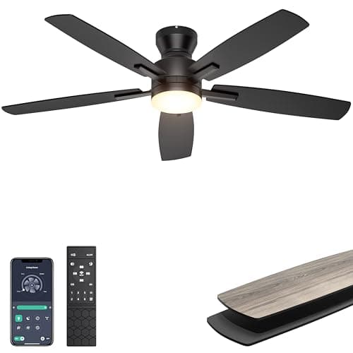 Ohniyou Ceiling Fans with Lights, 52'' Low Profile Ceiling Fan with Light and Remote/APP Control, Modern Flush Mount Ceiling Fan for Indoor Bedroom Living Room, Dimmable, Qiuet DC Motor, Black - Image 1