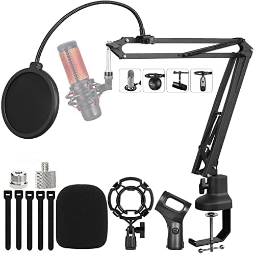 Luling Arts Boom Arm Suspension Mic Heavy Duty Microphone Arm for Blue Yeti, Hyperx Quadcast, Adjustable Boom Mic Stand Desk with Pop Filter, 1/4“-3/8“-5/8“ Adapter, Mic Mounts,Broadcast