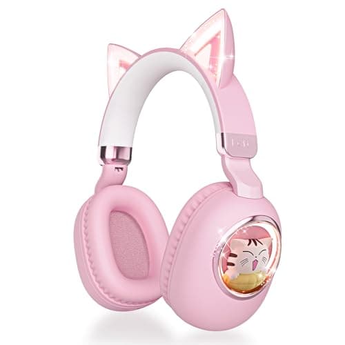esonstyle Kids Headphones Cat Ear - Bluetooth 5.4 Over-Ear Noise Cancelling Headphones with Microphone LED Lights Up 85dB Safe Volume Limit Wireless or 3.5mm Wired USB C for Travel iPad Tablet (Pink) - Image 1