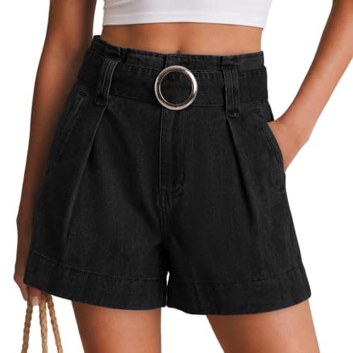 Flowyair Womens High Waisted Jean Shorts Baggy Wide Leg Belt Pleated Jorts - Image 1