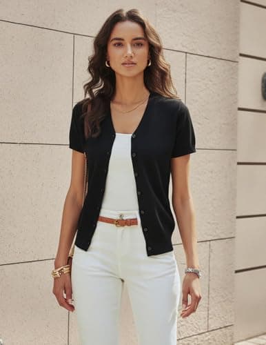 GRACE KARIN Women Summer Lightweight Cardigan, Short Sleeve Sweater Cardigan, Teacher Outfits for Women Trendy(Black,2XL) - Thumbnail 2