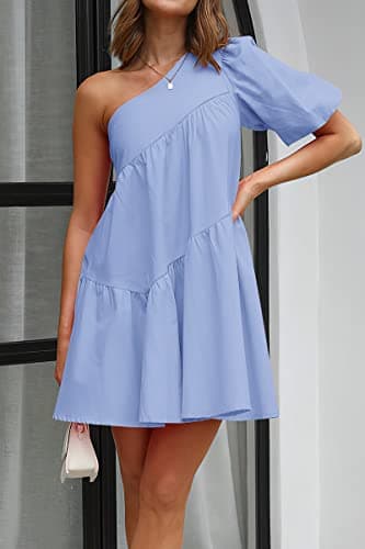 KIRUNDO Summer One Shoulder Mini Baby Doll Dresses Women 2026 Casual Puff Sleeve Loose Tiered A Line Flowy Short Dress(Blue, X-Large) - Thumbnail 3