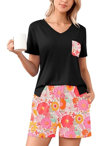 Heymoments Women's Pajama Sets 2 Piece Print Floral XX-Large Soft Summer Short Sleeve Ladies V-Neck Lounge with Pockets Breathable Sleepwear Comfy Nightwear Womens Pjs Set - Image 1