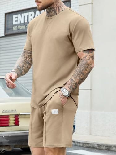 JEMLDL Mens 2 Piece Summer Outfits Short Sleeve Shirt and Shorts Loungewear Sets Casual Comfortable Travel Tracksuit Taupe M - Thumbnail 4