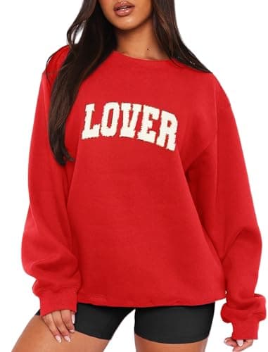 MAPICK Lover Sweatshirt for Women Long Sleeve Glitter Chenille Patch Letter Oversized Crewneck Tee Tops(Red, Small) - Image 1