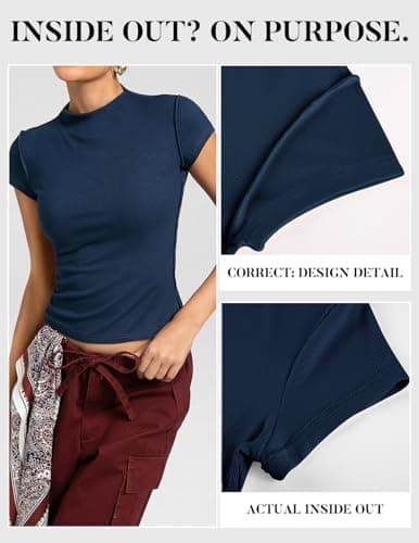 Womens Cap Sleeve Tops, Mock Neck Raw Hem Summer Shirts, Ribbed Y2K Going Out Crop Top, Trendy Fitted Tshirts(Navy, L) - Thumbnail 5