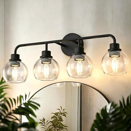 DORESshop Built to Last 20 Years Bathroom Light Fixtures, 4-Light Vanity Lights Over Mirror, Black Wall Lamp with Clear Glass for Living Room Decor Bedroom Porch Cabinet