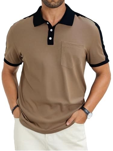LuxMania Men's Casual Polo Shirts Short Sleeve Classic Button Shirt Fashion Cotton Golf Tops with Pocket Khaki 3XL - Image 1