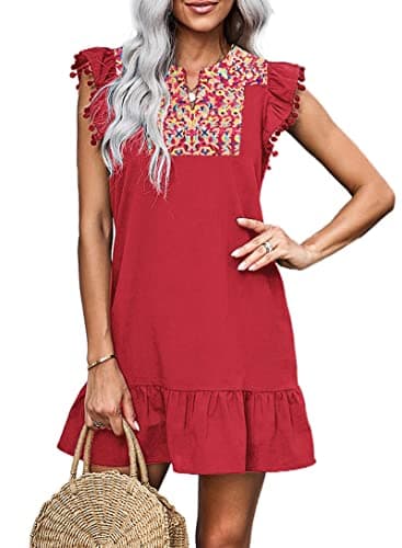 KIRUNDO Women's 2026 Summer Mini Dress Spring Casual V Neck Floral Embroidered Ruffle Sleeveless Shift Flowy Boho Dress (B-Red, Small) - Image 1