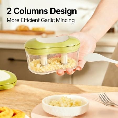 Manual Garlic Chopper, One-Hand Operation, 4-Blade Food-Grade Stainless Steel, Multi-Function for Baby Food & Picnic, Compact Size 3.35x5.12x3.35 Inches (8.5x13x8.5cm), Ideal for Home Cooks - Thumbnail 3