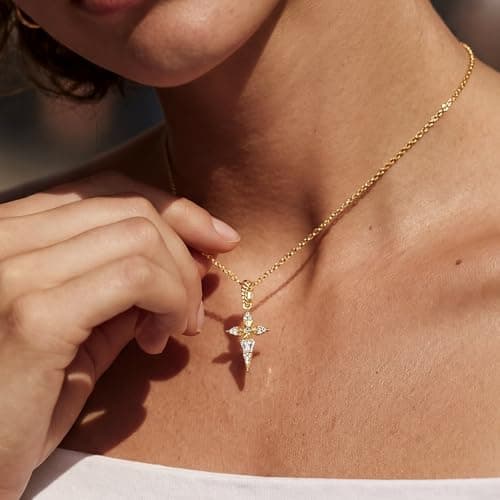 WEARON Cross Necklace for Women, Dainty 14K Gold Plated CZ Cross Pendant, 18inch Adjustable Chain, Non Tarnish Christian Faith Jewelry Gift for Wife Mother Friends - Thumbnail 5
